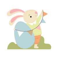 Happy Cute Bunny with Egg and Party Flags, Happy Easter, Design Element for Greeting Card, Invitation, Poster, Banner Illustration vector