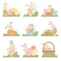 Collection of Cute Bunnies with Colorful Eggs, Happy Easter, Design Element for Greeting Card, Invitation, Poster, Banner Illustration vector