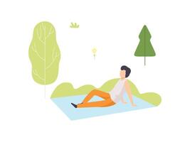 Young Man Sitting on Blanket in Park, Guy Relaxing and Enjoying Nature Outdoors Illustration vector