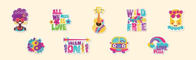 Hippie Sticker and Retro Patches Colorful Set vector