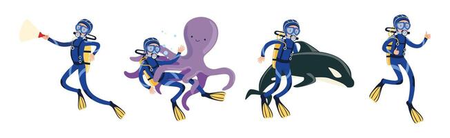 Diving Man Character in Blue Suit with Flippers Set vector
