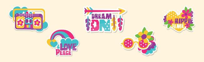 Hippie Sticker and Retro Patches Colorful Set vector