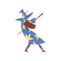 Male Sorcerer Practicing Wizardry with Staff, Bearded Wizard Character Wearing Blue Mantle with Stars and Pointed Hat Illustration vector