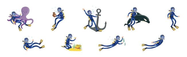 Diving Man Character in Blue Suit with Flippers Set vector