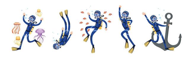 Diving Man Character in Blue Suit with Flippers Set vector