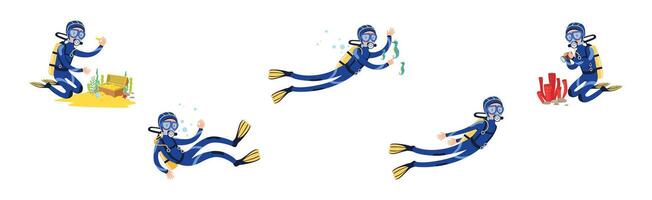 Diving Man Character in Blue Suit with Flippers Set vector