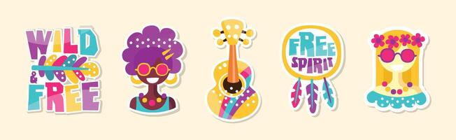 Hippie Sticker and Retro Patches Colorful Set vector