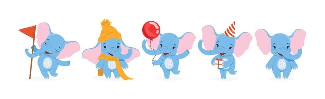 Funny Blue Elephant Character with Trunk Enjoy Activity Set vector