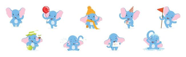 Funny Blue Elephant Character with Trunk Enjoy Activity Set vector