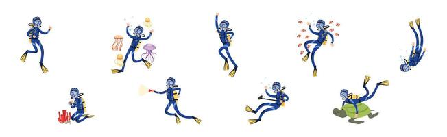 Diving Man Character in Blue Suit with Flippers Set vector