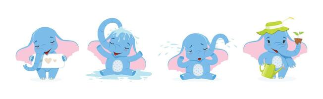 Funny Blue Elephant Character with Trunk Enjoy Activity Set vector