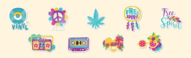 Hippie Sticker and Retro Patches Colorful Set vector