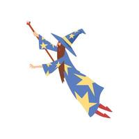 Male Sorcerer Conjuring, Bearded Wizard Character Wearing Blue Mantle with Stars and Pointed Hat Practicing Wizardry Illustration vector