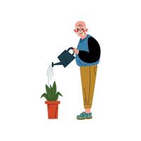 Senior Man Watering Flower with Can, Elderly Man Daily Activity Illustration vector