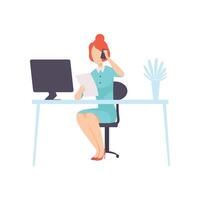 Businesswoman Talking on Phone While Working with Computer, Office Employee Character Daily Routine Illustration vector