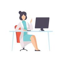 Female Doctor Character Working at Desk with Computer Illustration vector