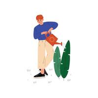 Boy Watering Plant with Watering Can, Guy Working in Garden or Farm Illustration vector