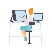Businesswoman Working with Computer, Office Employee Character Daily Routine, Back View Illustration vector