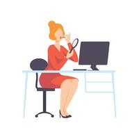 Businesswoman Holding Lipstick and Looking in Mirror While Working with Computer, Office Employee Character Daily Routine Illustration vector