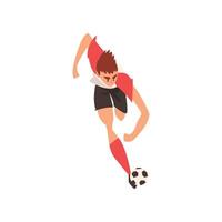 Professional Soccer Player Running and Kicking Ball, Football Player Character in Uniform Training and Practicing Soccer, Front View Illustration vector