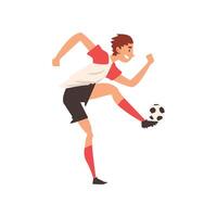 Soccer Player Kicking Ball, Professional Football Player Character in Uniform Training and Practicing Soccer, Front View Illustration vector