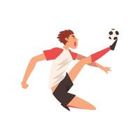 Professional Soccer Player Kicking Ball, Football Player Character in Uniform Training and Practicing Soccer Illustration vector