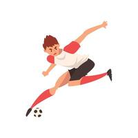 Professional Soccer Player Running and Kicking Ball, Football Player Character in Uniform Training and Practicing Soccer Illustration vector