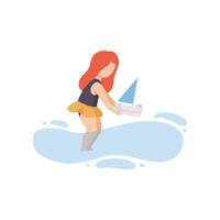 Cute Girl in Swimsuit Playing with Toy Boat on Beach on Summer Holidays Illustration vector
