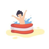 Cute Boy Playing in Inflatable Pool, Kid Having Fun on Beach on Summer Holidays Illustration vector