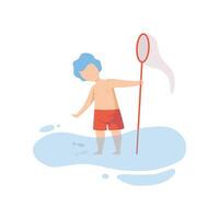 Cute Boy Standing in Water and Playing with Fishing Net, Kid Having Fun on Beach on Summer Holidays Illustration vector