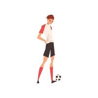 Professional Soccer Player Standing with Ball, Football Player Character in Uniform Training and Practicing Soccer Illustration vector