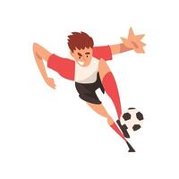 Soccer Player Kicking Ball, Football Player Character in Uniform Training and Practicing, Front View Illustration vector