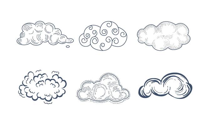 set of comic clouds of different shapes in sketch style. Monochrome icons for children book or textile