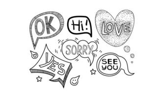 set of hand drawn speech bubbles of different shapes. Dialog clouds with text - Ok, Yes, See you, Sorry vector