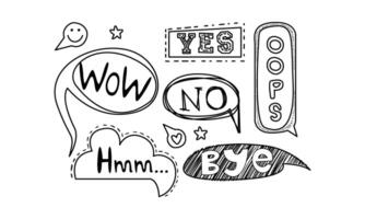 set of hand drawn speech bubbles with text. Dialog clouds with short messages - Yes, No, Ooops, Bye vector