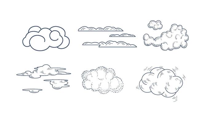 set of monochrome clouds of different shapes in hand drawn style. Elements for postcard or children book