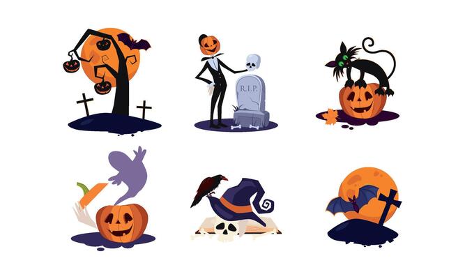Traditional design elements of Halloween set, scary tree, pumpkin, moon, grave with tombstone, ghost, skull, with hat, Illustration