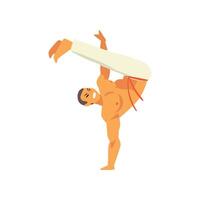 Smiling Man Standing on One Hand, Capoeira Dancer Character Practicing Movement, Brazilian National Martial Art Illustration vector