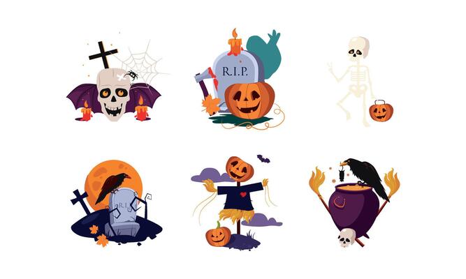 Traditional design elements of Halloween set, scary symbols Illustration