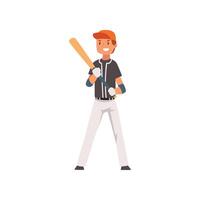 Smiling Baseball Player Standing with Bat and Ball, Softball Athlete Character in Uniform Illustration vector