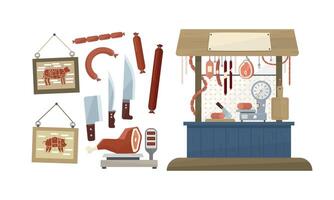 Meat counter display refrigerator showcase, butcher shop gastronomy products Illustration vector