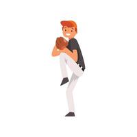 Smiling Catcher Baseball Player Character in Uniform and Outfield Glove with Ball Illustration vector