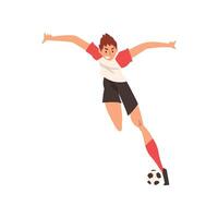 Professional Soccer Player Shooting Ball Quickly, Football Player Character in Uniform Training and Practicing Soccer Illustration vector