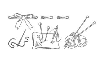 Hand drawn icons related to sewing and knitting theme. Pillow with needles, yarn of woolen threads vector