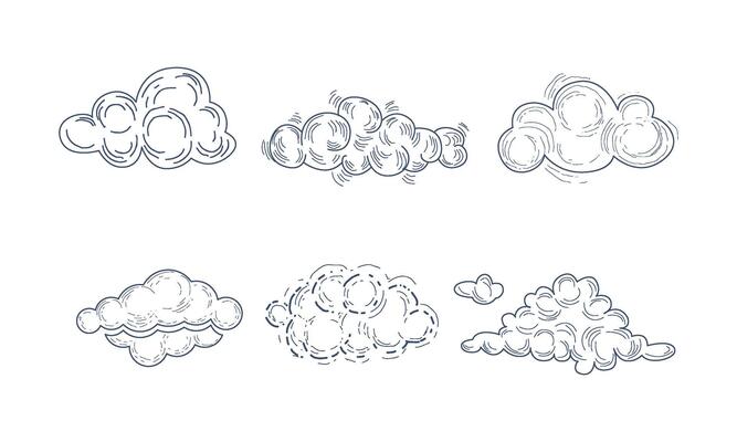 set of fluffy clouds in sketch style. Monochrome hand drawn icons. Decorative graphic elements for children book