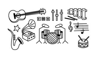Set of musical instruments, player buttons and music notes. Icons in sketch style. Hand drawn illustrations vector