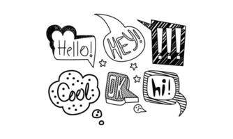 set of hand drawn speech bubbles with short messages. Dialog clouds with text. Internet chat words vector