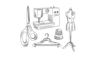 Hand drawn icons related to tailoring theme. Sewing machine, scissors, clothes hanger, mannequin and thimble vector