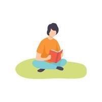 Young man Sitting on Grass with Crossed Legs and Reading Book, Guy Relaxing on Nature Illustration vector