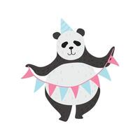 Cute Panda Bear Wearing Party Hat Holding Party Flags, Happy Lovely Animal Character Illustration vector